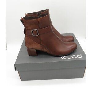 Ecco Brown Leather & Suede Womens Ankle Boots Side Zippers Size 5-5.5 NEW